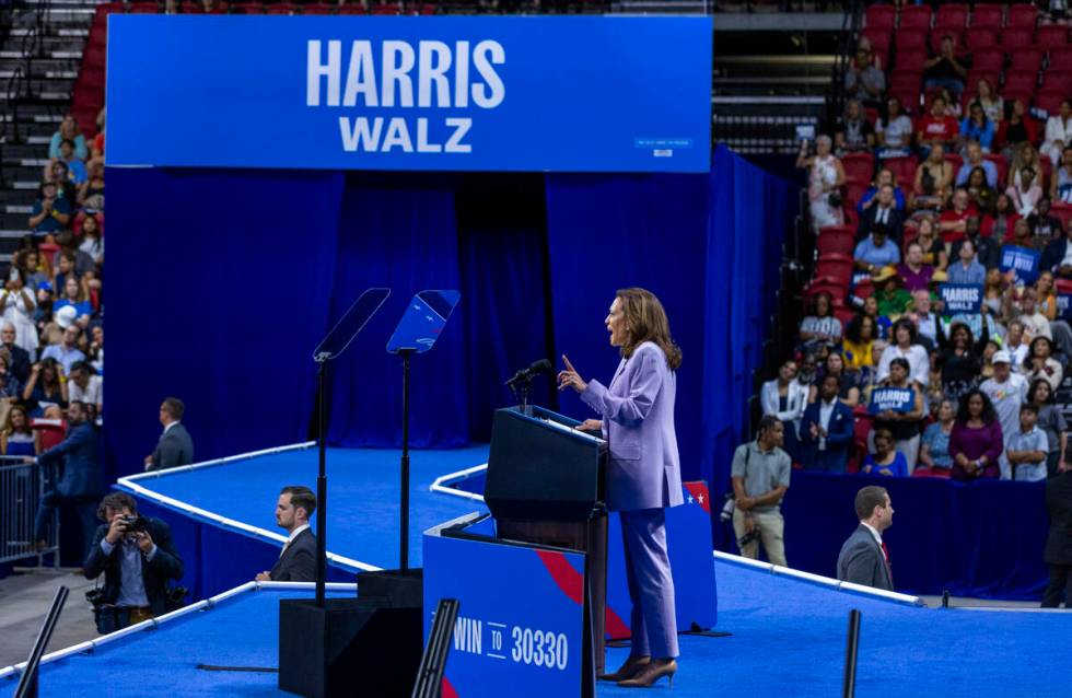 Vice President Kamala Harris speaks during a campaign rally at UNLV’s Thomas & Mack ...