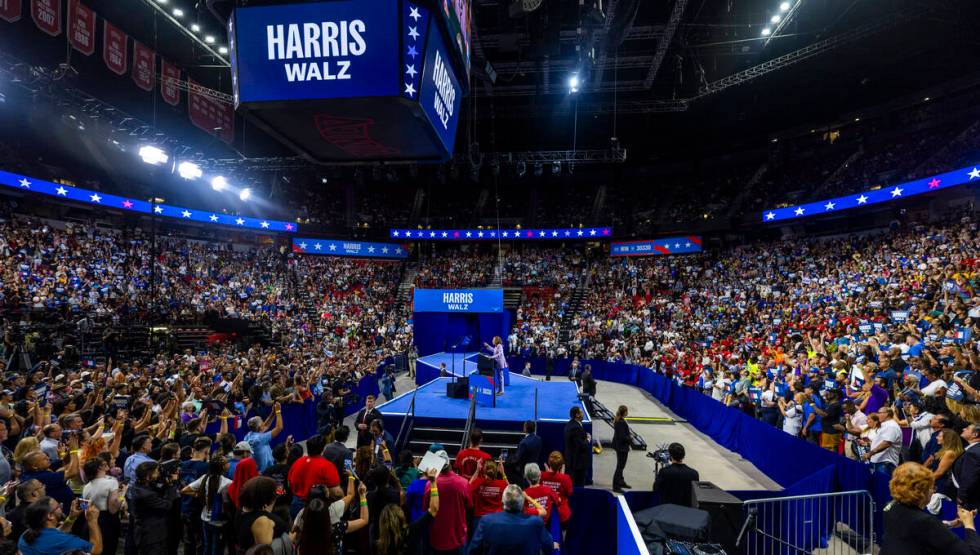 Vice President Kamala Harris speaks during a campaign rally at UNLV’s Thomas & Mack ...