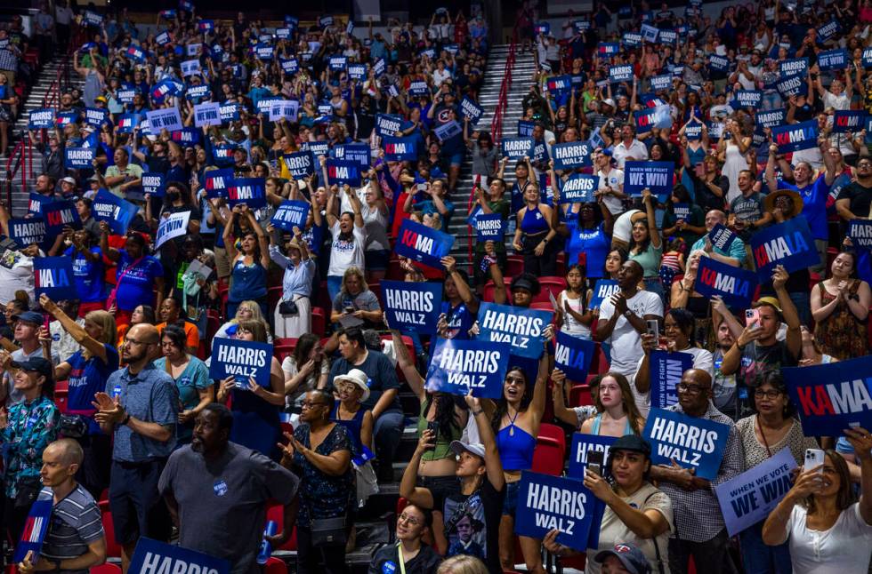 Vice President Kamala Harris and her running mate, Minnesota Gov. Tim Walz, hold a campaign ral ...