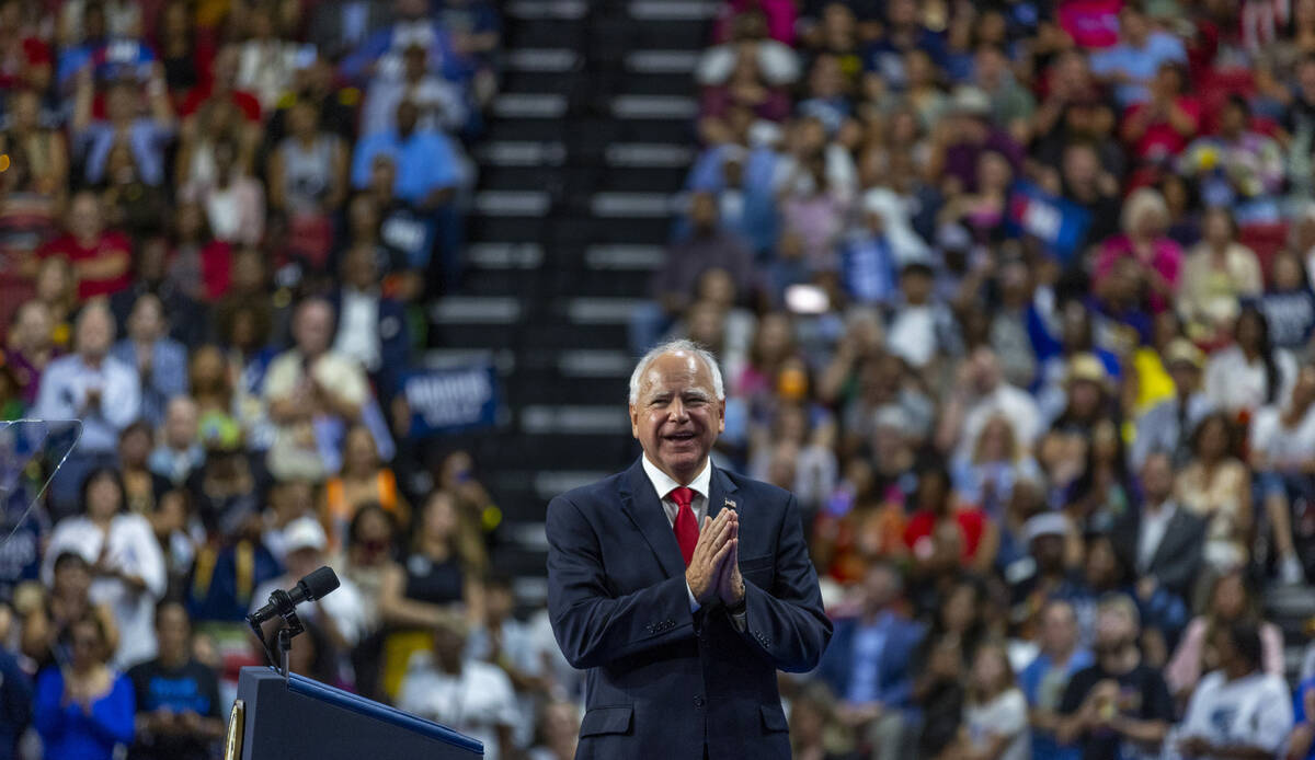 Minnesota Gov. Tim Walz speaks during a campaign rally at UNLV’s Thomas & Mack Cente ...