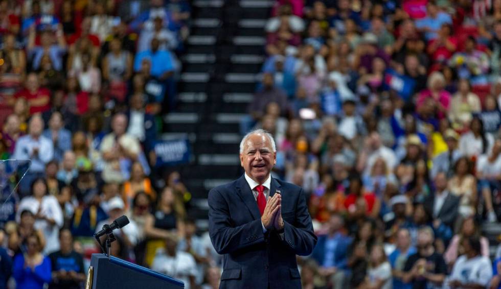 Minnesota Gov. Tim Walz speaks during a campaign rally at UNLV’s Thomas & Mack Cente ...