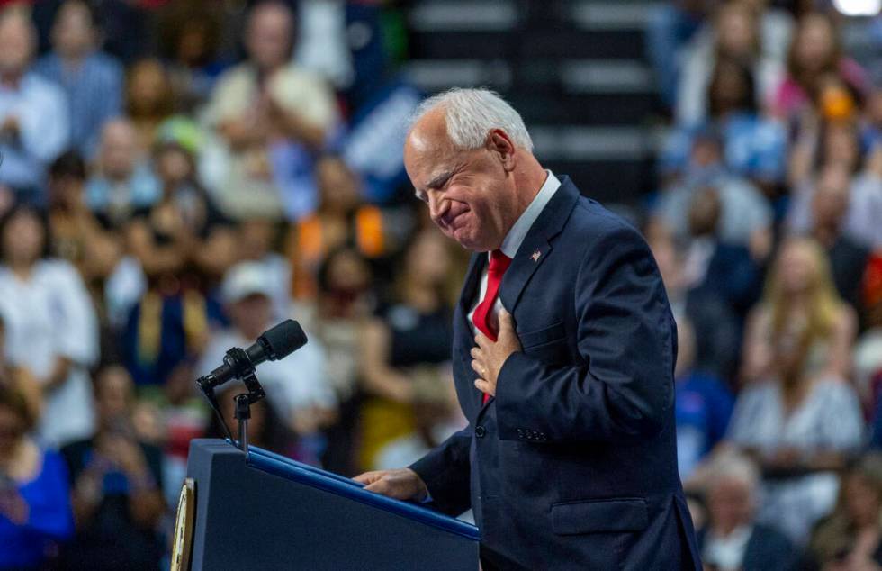 Minnesota Gov. Tim Walz speaks during a campaign rally at UNLV’s Thomas & Mack Cente ...