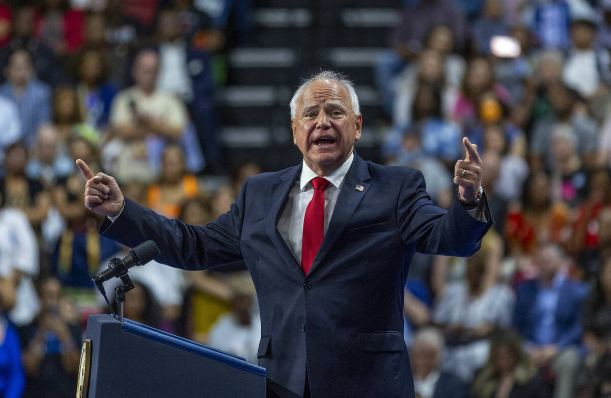 Minnesota Gov. Tim Walz speaks during a campaign rally at UNLV’s Thomas & Mack Cente ...