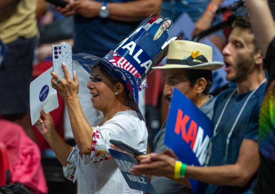 Supporters cheer as Vice President Kamala Harris speaks during a campaign rally at UNLV’ ...