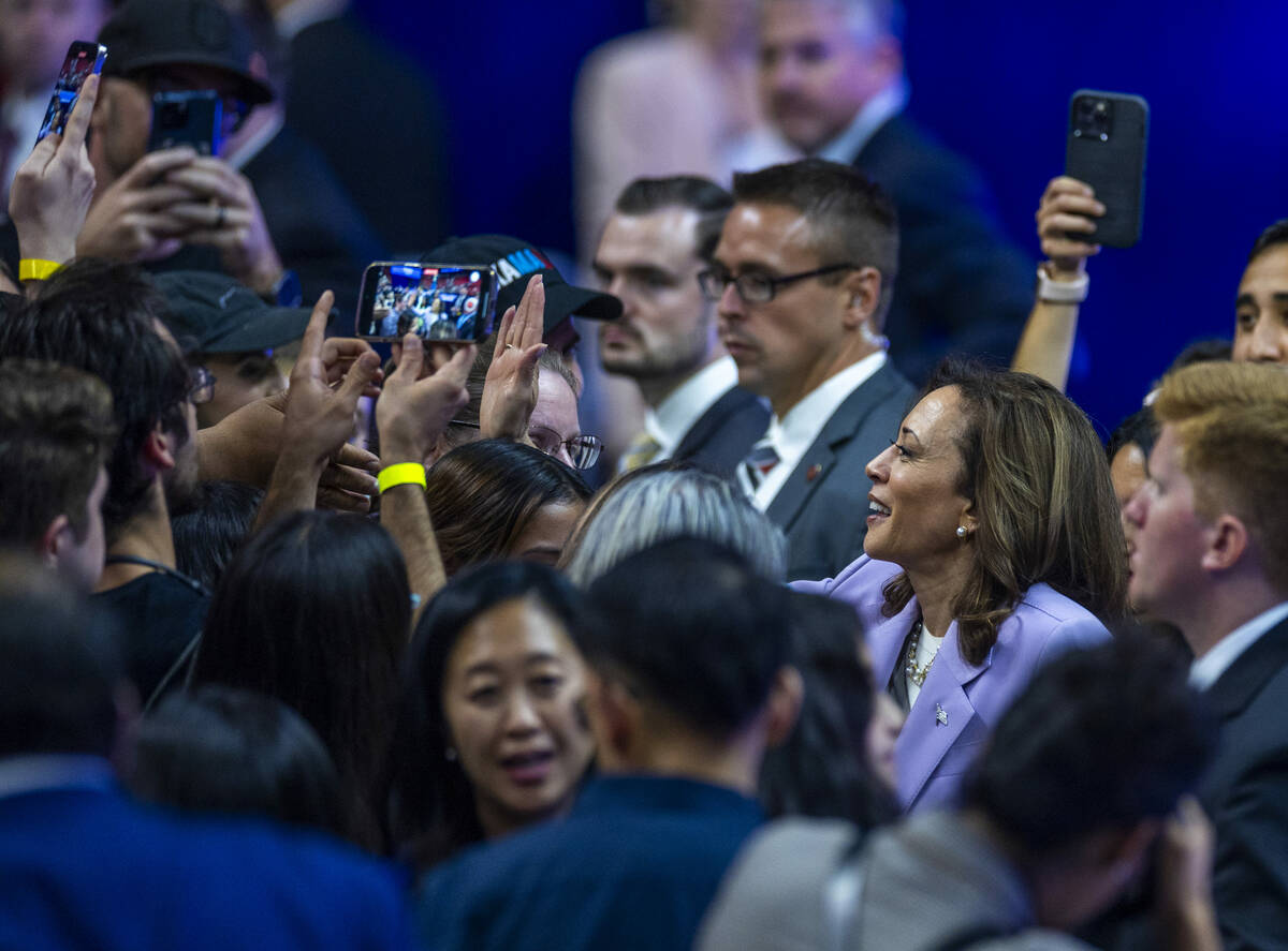 Vice President Kamala Harris greets supporters during a campaign rally at UNLV’s Thomas ...