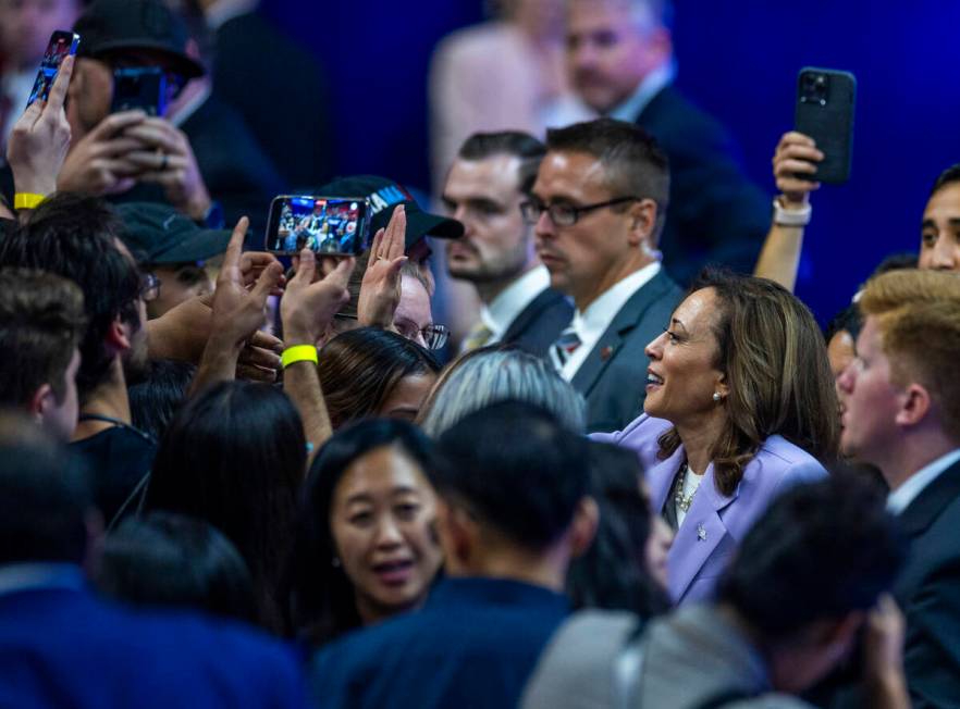 Vice President Kamala Harris greets supporters during a campaign rally at UNLV’s Thomas ...