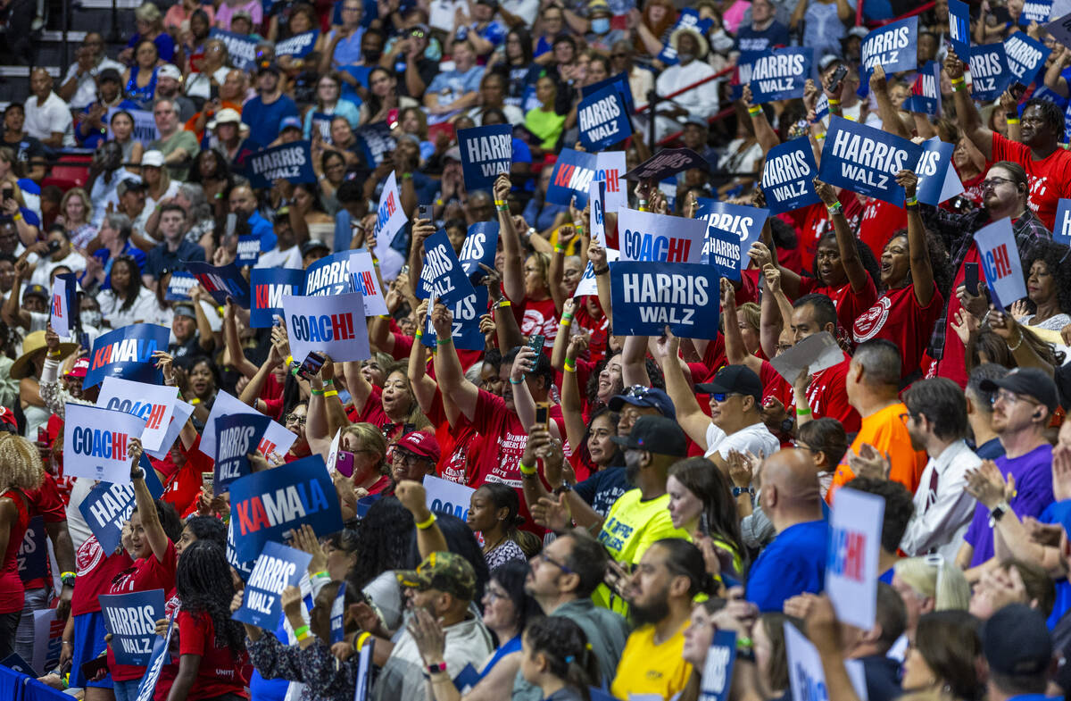 Supports applause for Vice President Kamala Harris and her running mate, Minnesota Gov. Tim Wal ...