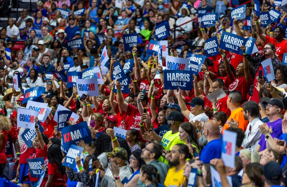 Supports applause for Vice President Kamala Harris and her running mate, Minnesota Gov. Tim Wal ...