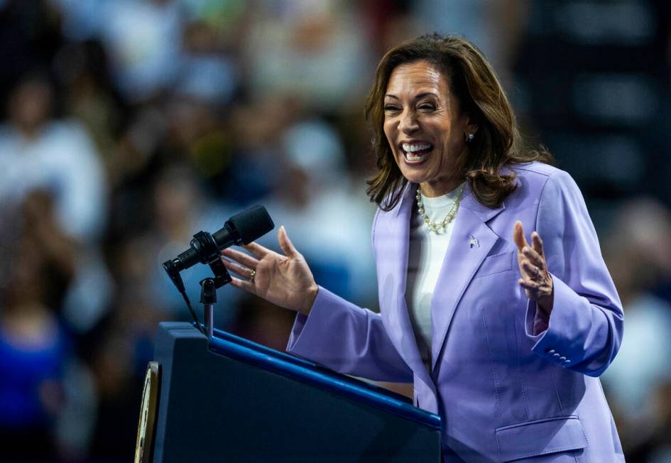 Vice President Kamala Harris speaks to supporters during a campaign rally at UNLV’s Thom ...