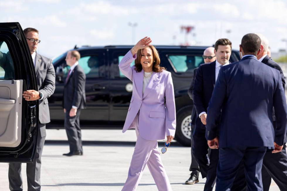 Democratic presidential nominee Vice President Kamala Harris waves as she heads to her motorcad ...