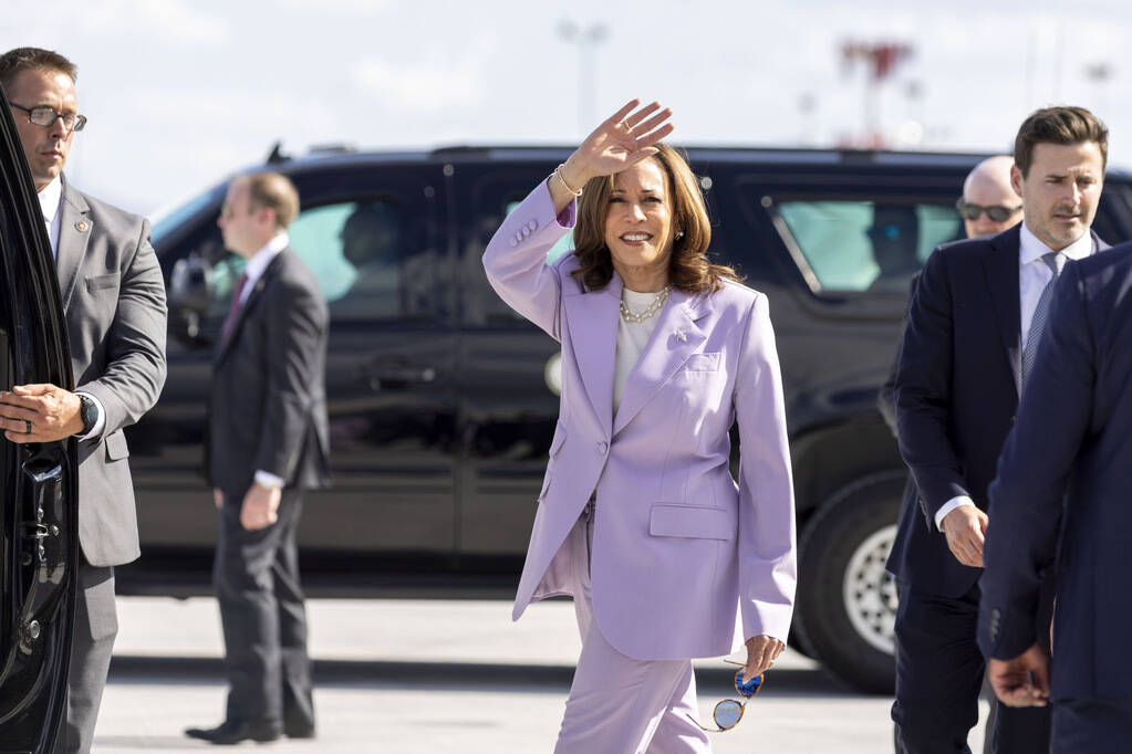 Democratic presidential nominee Vice President Kamala Harris waves as she heads to her motorcad ...