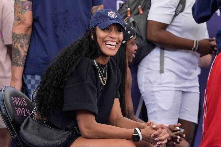 A'ja Wilson smiles after Azerbaijan women's 3x3 basketball team defeated China in their pool ro ...