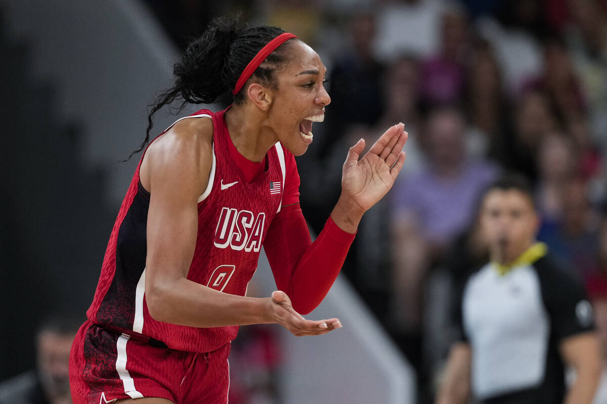 A'ja Wilson (9), of the United States, celebrate against Germany in a women's basketball game a ...