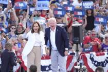 Democratic presidential nominee Vice President Kamala Harris is welcomed by Democratic vice pre ...