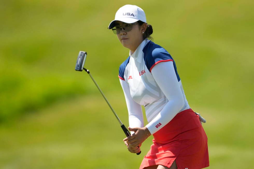 Rose Zhang, of the United States, reacts as she missed a putt on the 10th green during the seco ...