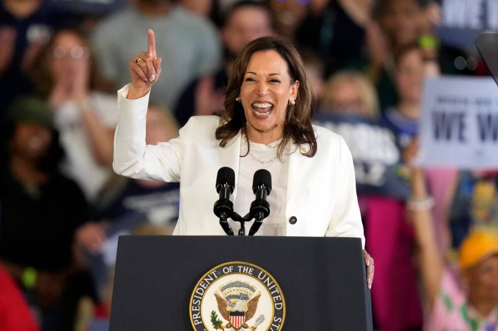 Democratic presidential nominee Vice President Kamala Harris speaks at a campaign rally Wednesd ...