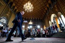 Republican presidential nominee former President Donald Trump arrives for a news conference at ...