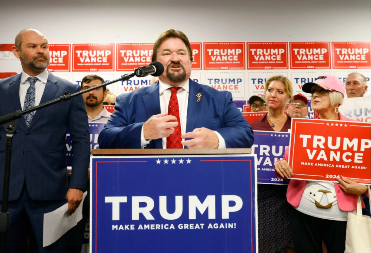 Nevada Republican Party Chairman Michael McDonald speaks as Clark County Republican Party Chair ...