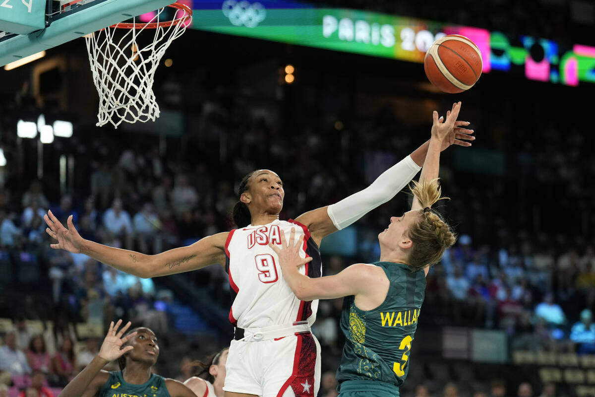 United States' A'ja Wilson (9) blocks Kirsty Wallace (3), of Australia, during a women's semifi ...