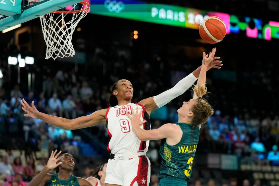 United States' A'ja Wilson (9) blocks Kirsty Wallace (3), of Australia, during a women's semifi ...