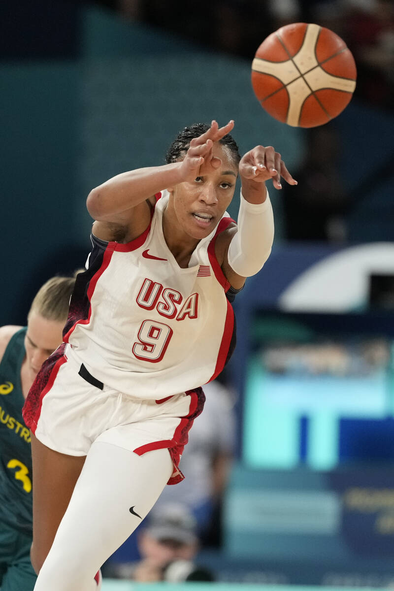 United States' A'ja Wilson (9) passes the ball against Australia during a women's semifinal bas ...