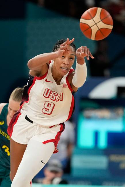 United States' A'ja Wilson (9) passes the ball against Australia during a women's semifinal bas ...