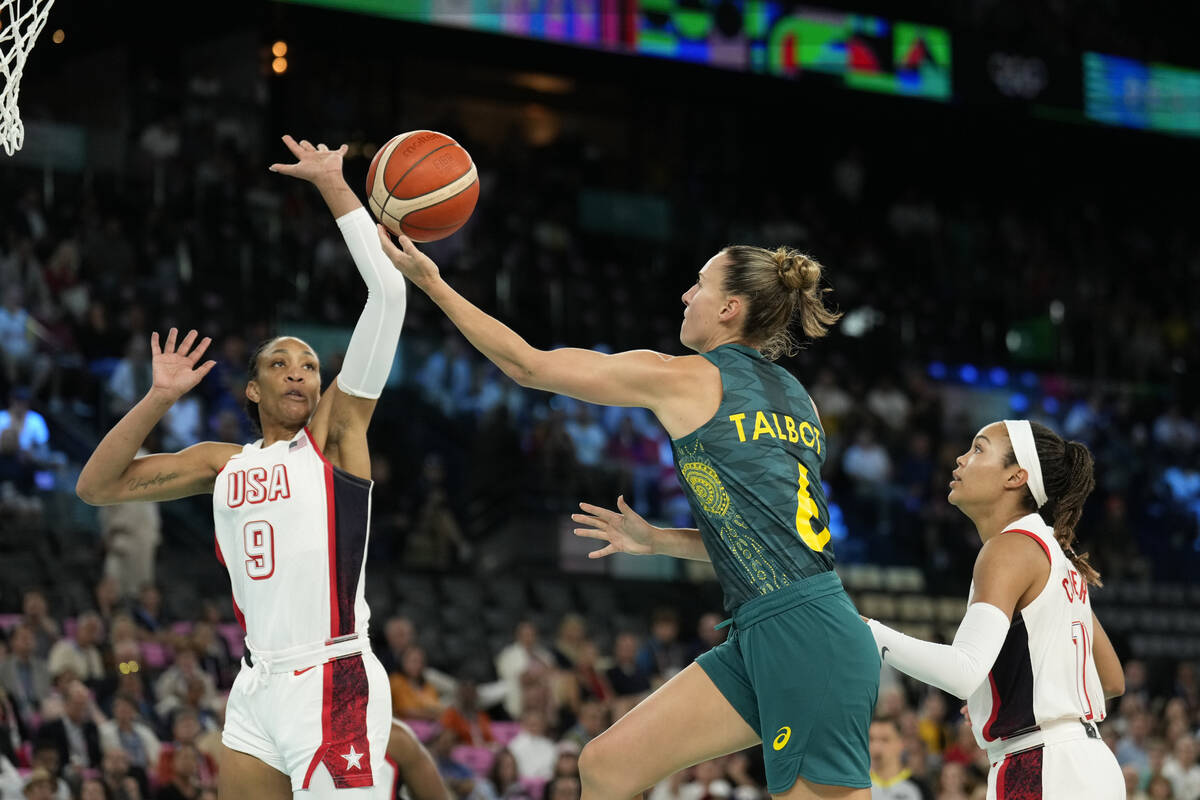 Steph Talbot (6), of Australia, goes up for a basket against United States' A'ja Wilson (9) dur ...