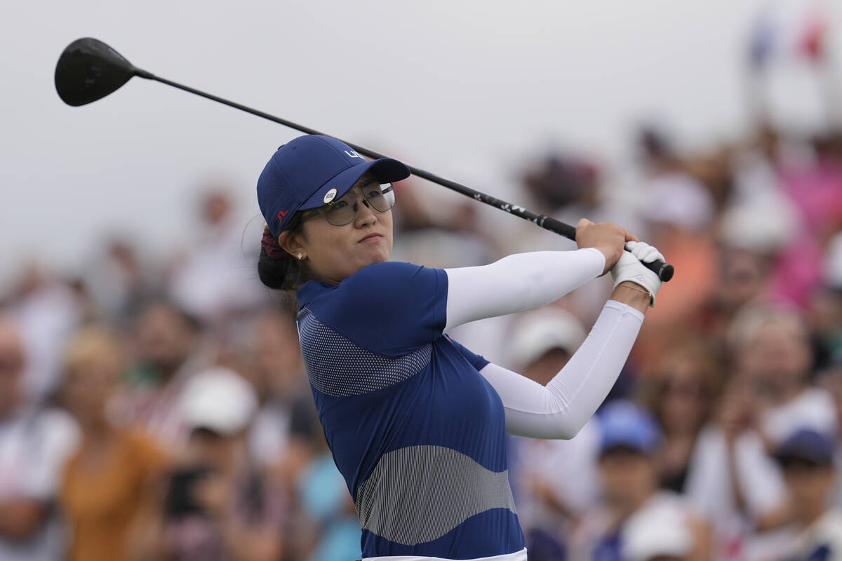 Rose Zhang, of the United States, hits her shot from the 12th tee during the third round of the ...