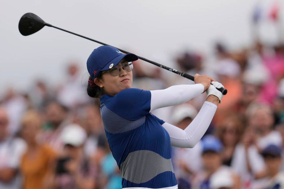 Rose Zhang, of the United States, hits her shot from the 12th tee during the third round of the ...