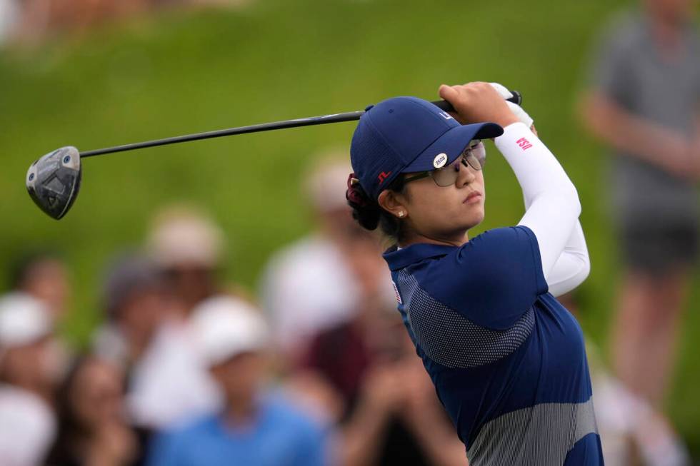 Rose Zhang, of the United States, hits her shot from the 3rd tee during the third round of the ...