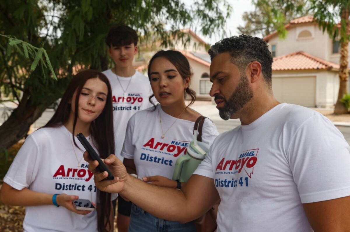 Rafael Arroyo, a Republican candidate running for Nevada State Assembly for District 41, shows ...