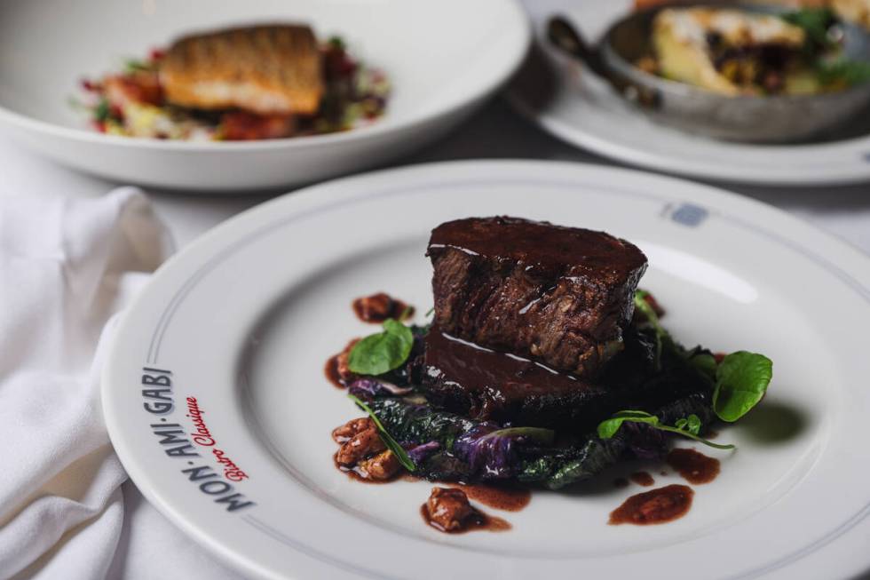 A duo of braised beef flat iron and tenderloin at Mon Ami Gabi at Paris Las Vegas hotel-casino ...