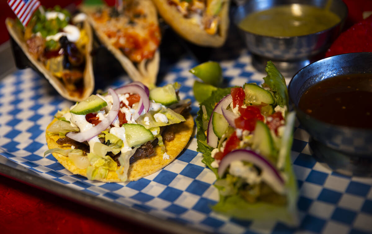 A Mediterranean gyro tostada is seen at International Taco Co. on Wednesday, Aug. 14, 2024, in ...