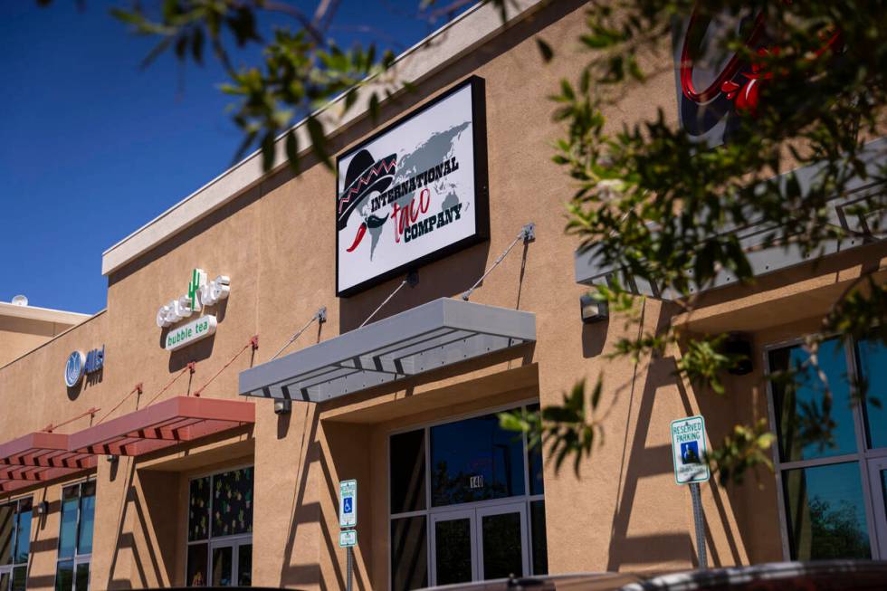 The sign for International Taco Co. is seen on Wednesday, Aug. 14, 2024, in Las Vegas. (Chase S ...