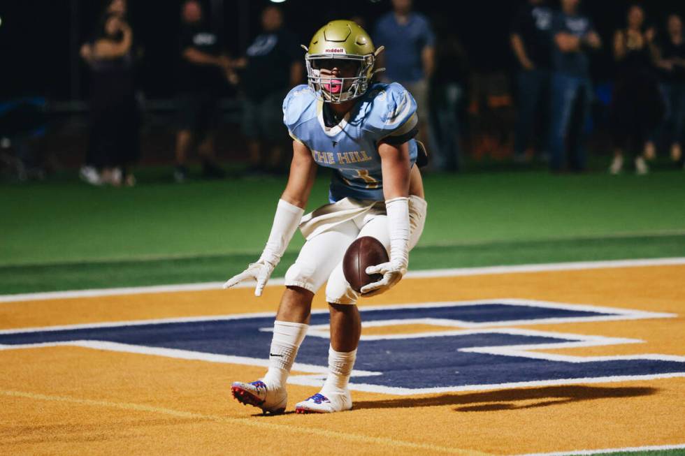 Foothill running back Eugene Altobella III (3) celebrates a touchdown during a game against Las ...