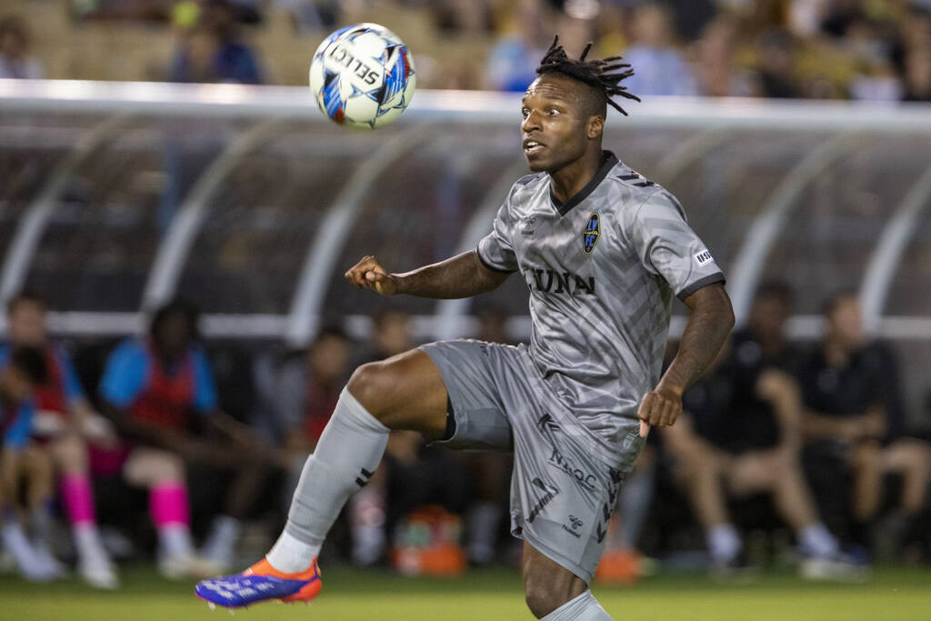 Las Vegas Lights FC forward Joe Gyau (7) receives the ball during a USL Championship soccer gam ...