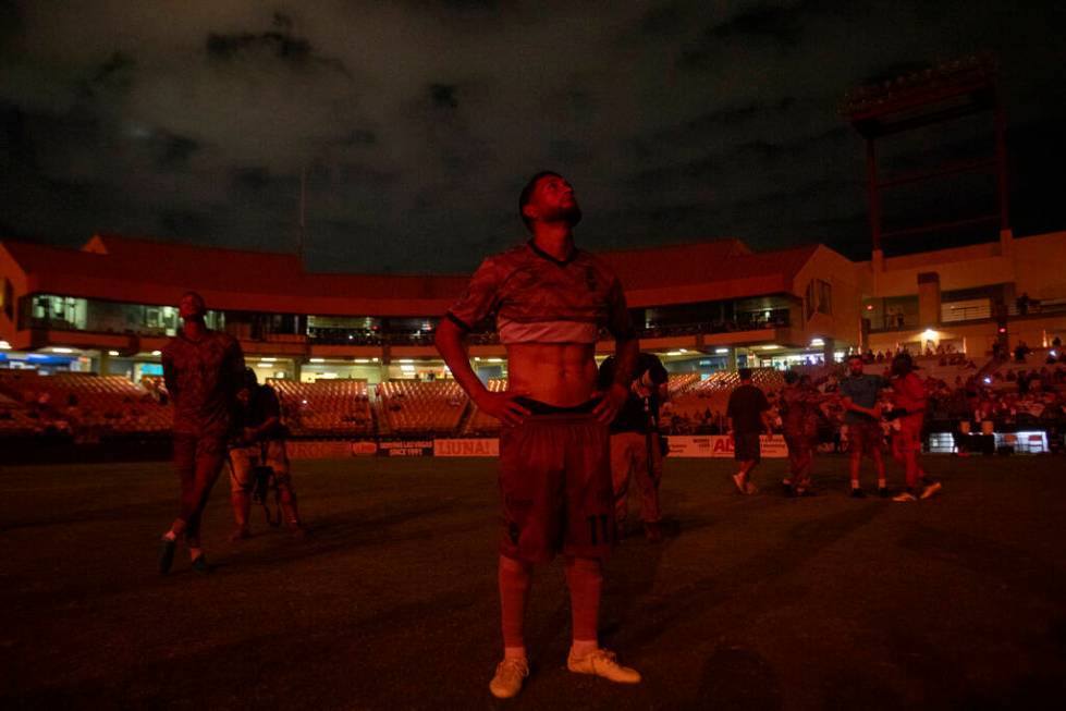 Las Vegas Lights FC forward Christian Pinzon (11) watches the firework show after a USL Champio ...