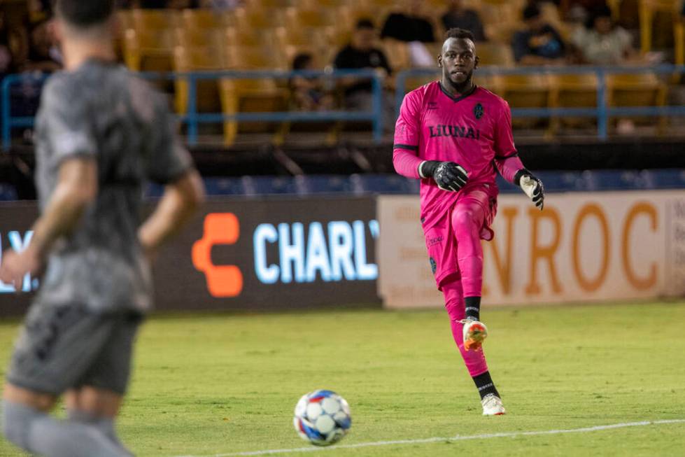 Las Vegas Lights FC goalkeeper Raiko Arozarena (56) passes the ball during a USL Championship s ...