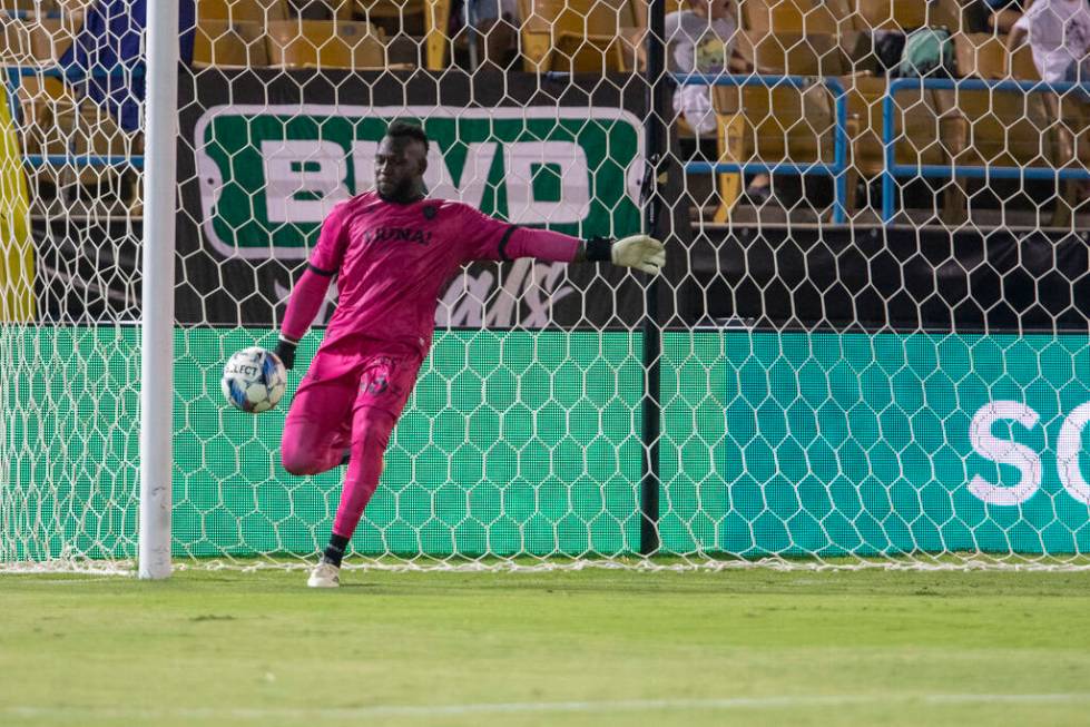 Las Vegas Lights FC goalkeeper Raiko Arozarena (56) punts the ball after allowing a goal during ...