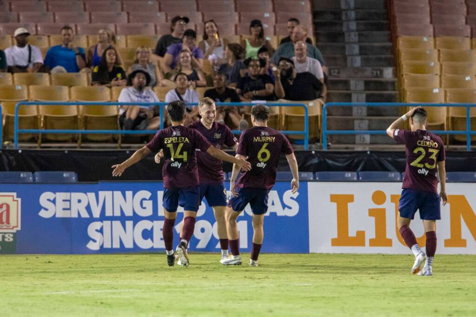 Detroit City FC players celebrate a goal during a USL Championship soccer game against the Las ...