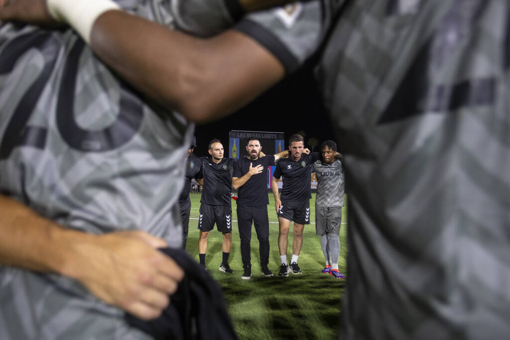 Las Vegas Lights FC Head Coach Dennis Sanchez speaks during a team huddle after a USL Champions ...