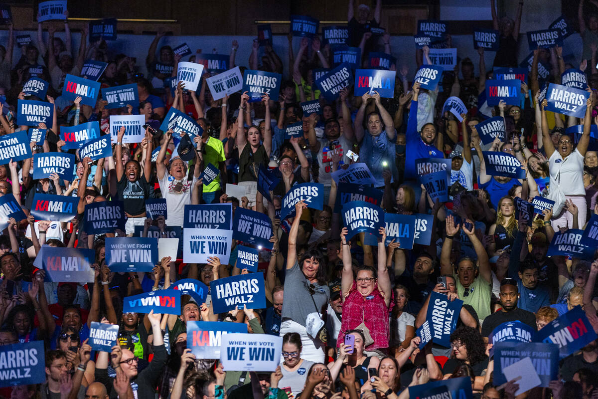 The crowd gets pumped up while doing the wave as Vice President Kamala Harris and her running m ...