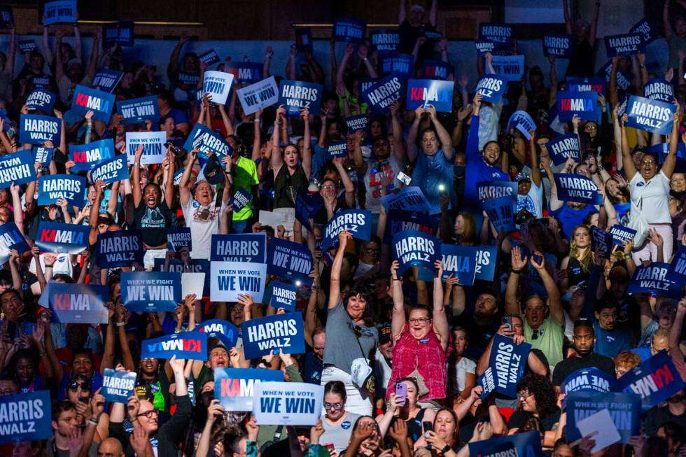 The crowd gets pumped up while doing the wave as Vice President Kamala Harris and her running m ...