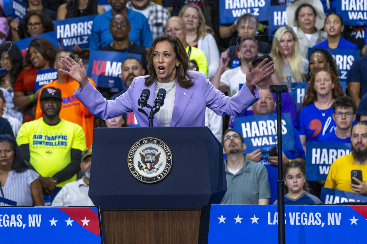 Vice President Kamala Harris speaks during a campaign rally at UNLV’s Thomas & Mack ...