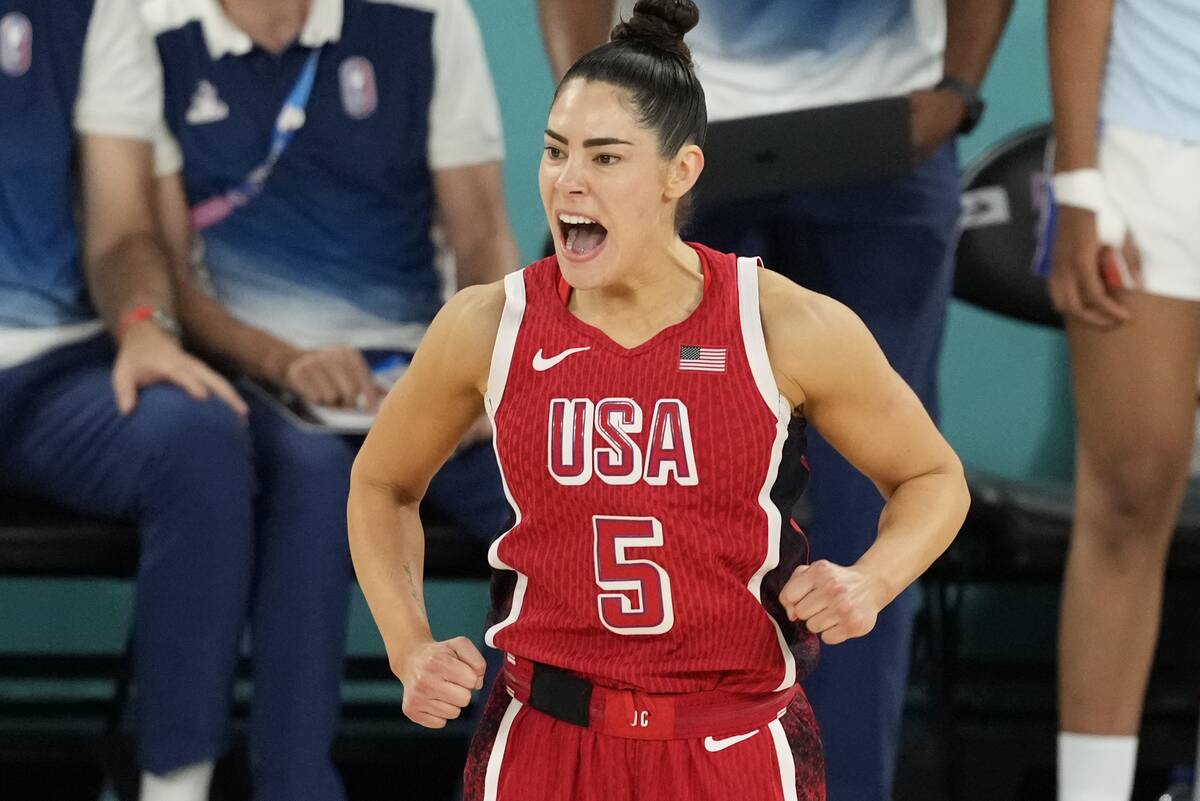 United States' Kelsey Plum (5) reacts after a three pointer during a women's gold medal basketb ...