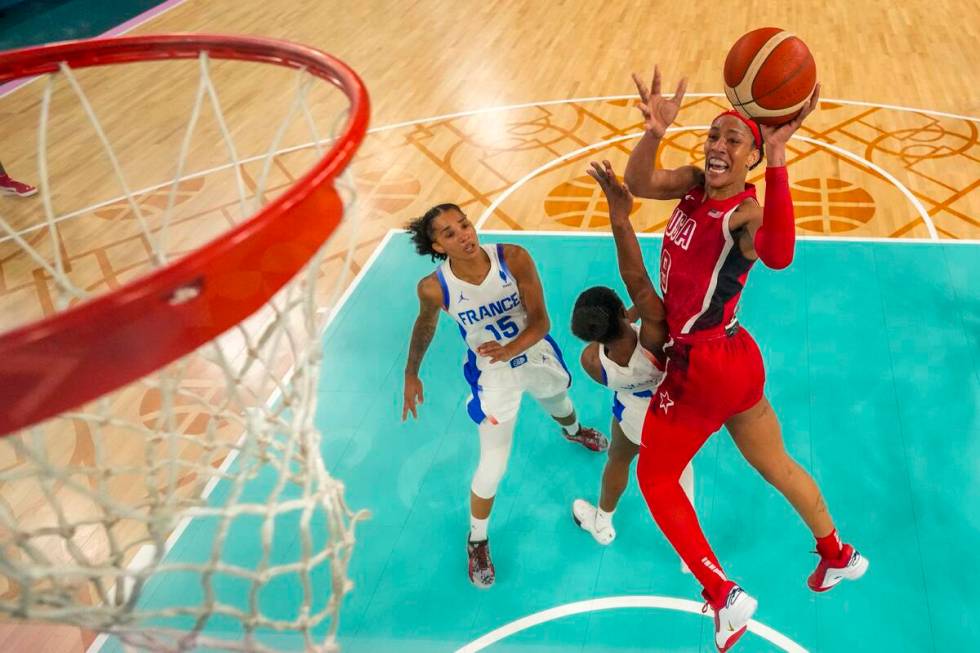 United States' A'ja Wilson (9) shoots for a basket during a women's gold medal basketball game ...