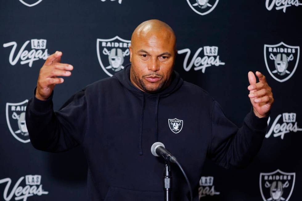 Las Vegas Raiders head coach Antonio Pierce talks to the media following an NFL football game a ...