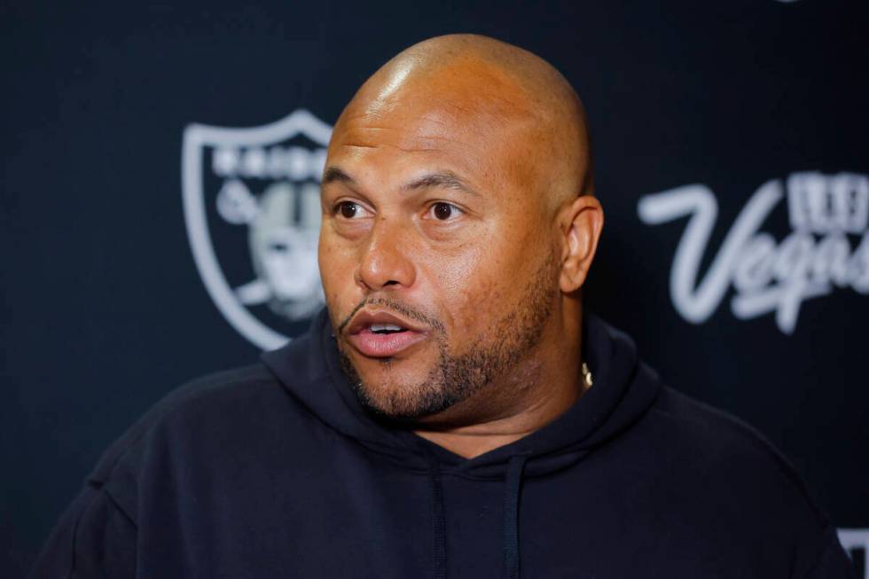 Las Vegas Raiders head coach Antonio Pierce talks to the media following an NFL football game a ...