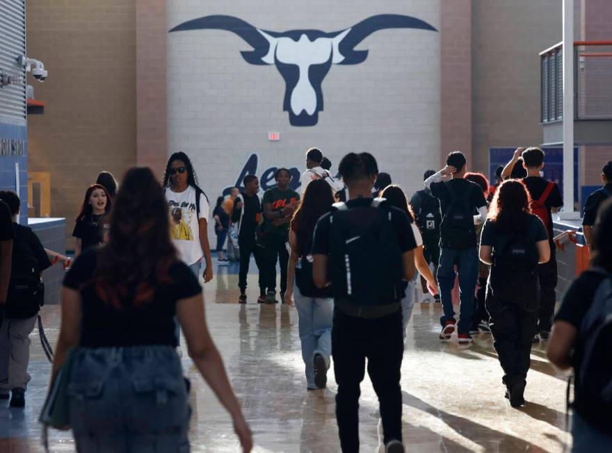 Legacy High School students arrive during the first day of school on Monday, Aug. 12, 2024, in ...