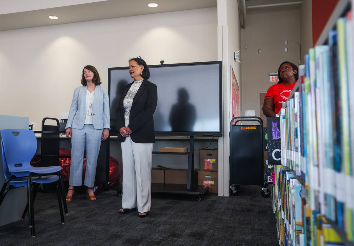 Clark County School District Interim Superintendent Brenda Larsen-Mitchell, left, and Nevada Su ...